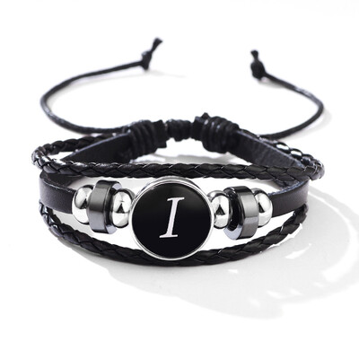 Brățară De Piele Vintage Neagră Scrisoare 26 Inițiale În engleză Brățări De Sticlă Cu Butoane Presecătoare Pentru Bărbați