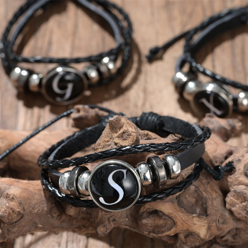 Brățară De Piele Vintage Neagră Scrisoare 26 Inițiale În engleză Brățări De Sticlă Cu Butoane Presecătoare Pentru Bărbați