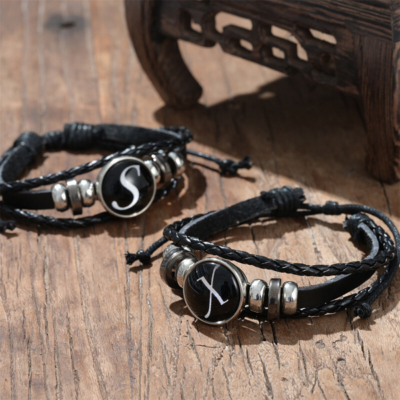 Brățară De Piele Vintage Neagră Scrisoare 26 Inițiale În engleză Brățări De Sticlă Cu Butoane Presecătoare Pentru Bărbați