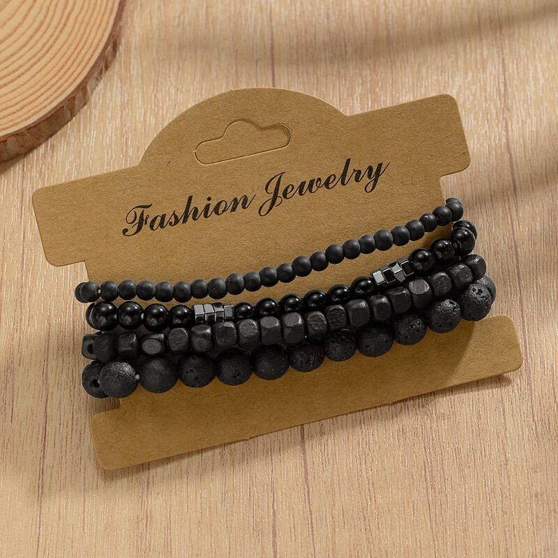 Set de 4 piese de brățări la modă pentru bărbați, cu mărgele de piatră vulcanică neagră