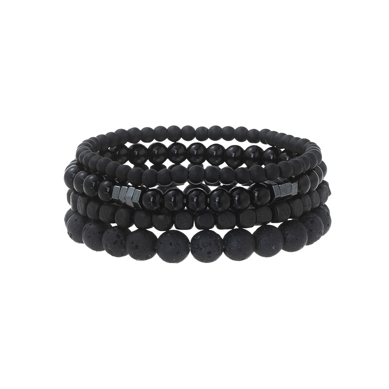 Set de 4 piese de brățări la modă pentru bărbați, cu mărgele de piatră vulcanică neagră