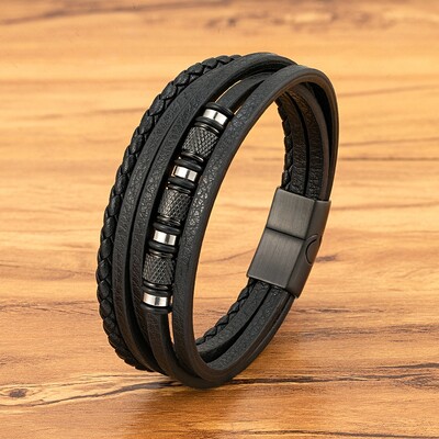 XQNI Fashion Brățări din piele multistrat realizate manual pentru bărbați, femei, brățară din oțel inoxidabil, cu butoane, accesorii, bijuterii