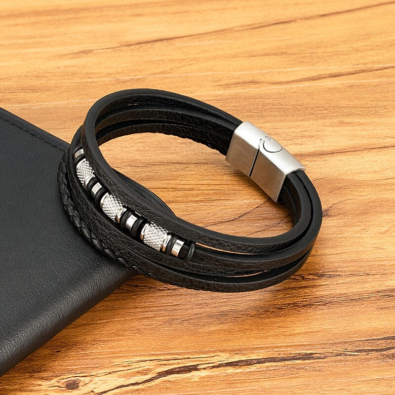 XQNI Fashion Brățări din piele multistrat realizate manual pentru bărbați, femei, brățară din oțel inoxidabil, cu butoane, accesorii, bijuterii