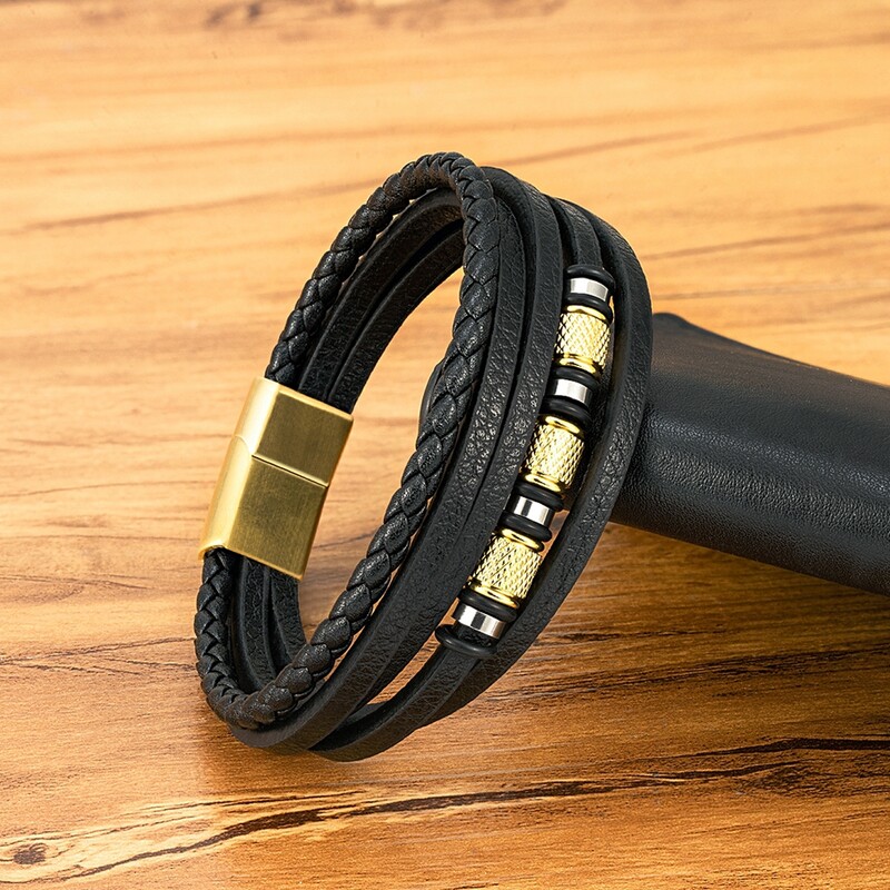 XQNI Fashion Brățări din piele multistrat realizate manual pentru bărbați, femei, brățară din oțel inoxidabil, cu butoane, accesorii, bijuterii