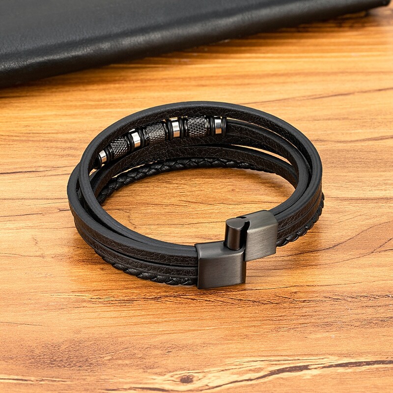 XQNI Fashion Brățări din piele multistrat realizate manual pentru bărbați, femei, brățară din oțel inoxidabil, cu butoane, accesorii, bijuterii