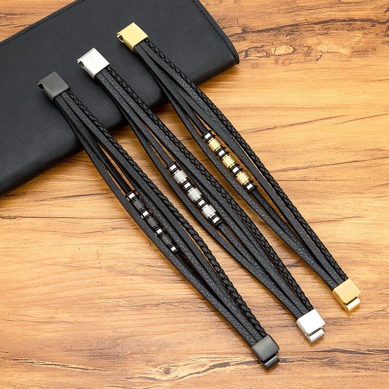 XQNI Fashion Brățări din piele multistrat realizate manual pentru bărbați, femei, brățară din oțel inoxidabil, cu butoane, accesorii, bijuterii