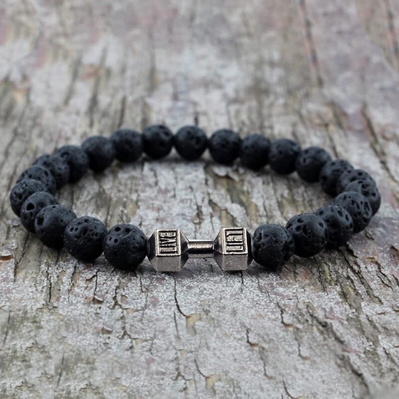 Brățară cu gantere din piatră vulcanică naturală, neagră, vulcanică, cu gantere