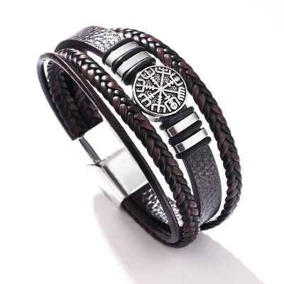 Модерни скандинавски викингски мъжки гривни, модни многослойни плетени кожени гривни, компас, подаръци за рожден ден