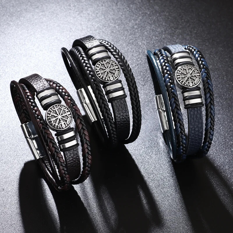 Модерни скандинавски викингски мъжки гривни, модни многослойни плетени кожени гривни, компас, подаръци за рожден ден