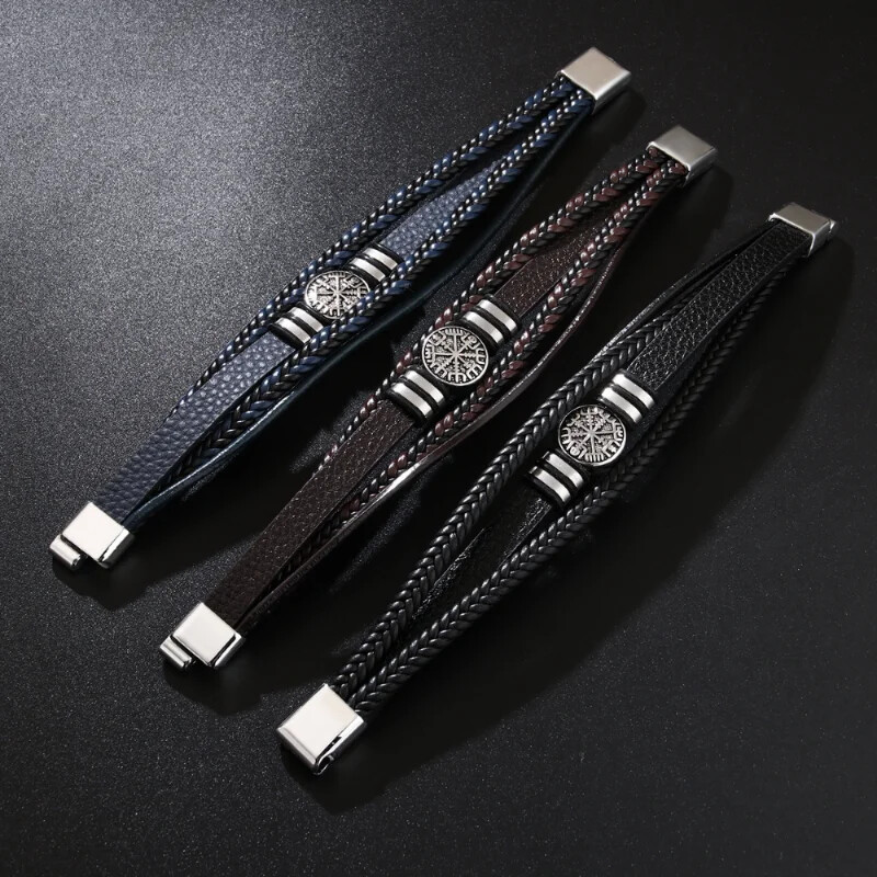 Модерни скандинавски викингски мъжки гривни, модни многослойни плетени кожени гривни, компас, подаръци за рожден ден