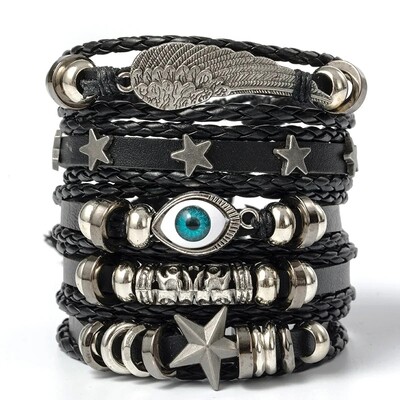 5 vnt Evil Eye Wing Star pasidaryk pats pintų punk stiliaus apyrankių rinkinys su Pu oda ir karoliukais