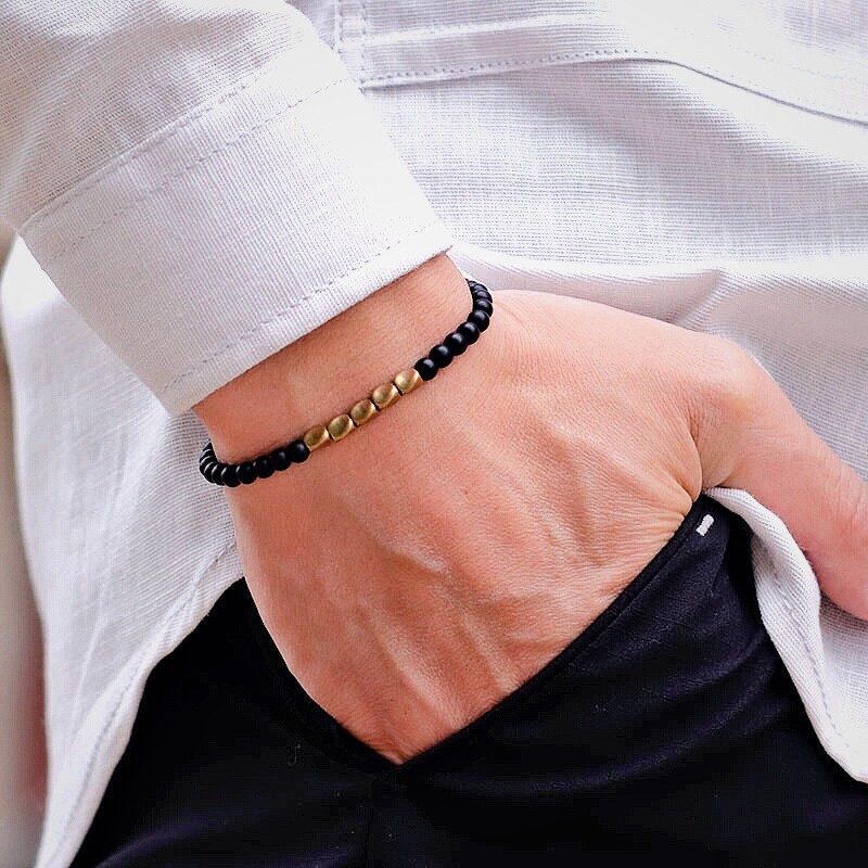 Brățară pentru bărbați noi de 4 mm, mărgele de cupru neregulate, brățară cu șuvițe, minimalistă, negru, piatră de onix, brațară, cadou pentru el Joias