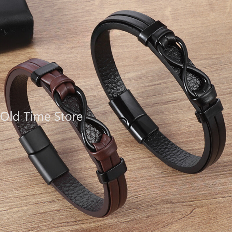 Luksusa īstas ādas bezgalības simbols vīriešu rokassprādze, nerūsējošā tērauda sprādze, pāris rokassprādzes, rotaslietas, digitālas 8 rokassprādzes, dāvanas