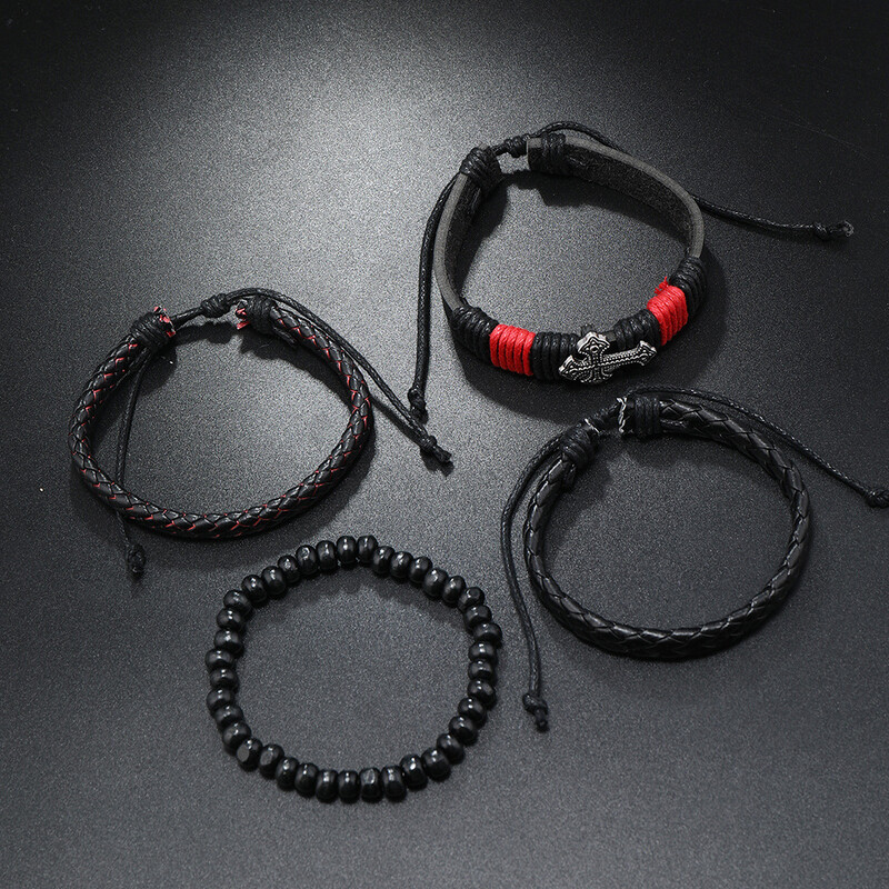 Pu ādas rotaslietas, 4 dab., kombinētais komplekts no nerūsējošā tērauda, krusteniski pītas rokassprādzes gredzeni Modes rotaslietas vīriešiem