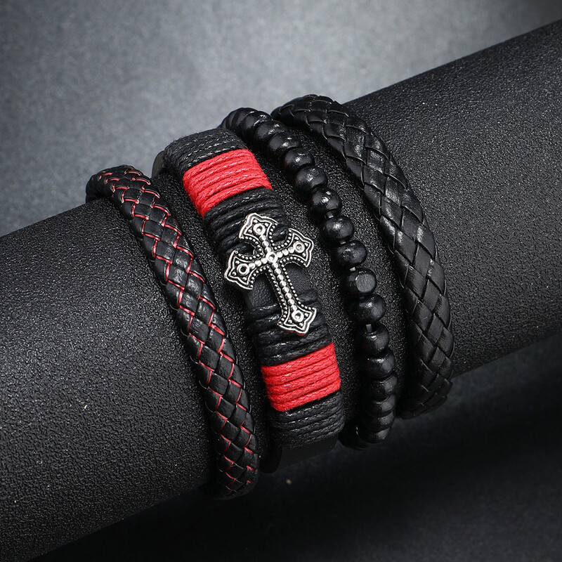 Pu ādas rotaslietas, 4 dab., kombinētais komplekts no nerūsējošā tērauda, krusteniski pītas rokassprādzes gredzeni Modes rotaslietas vīriešiem