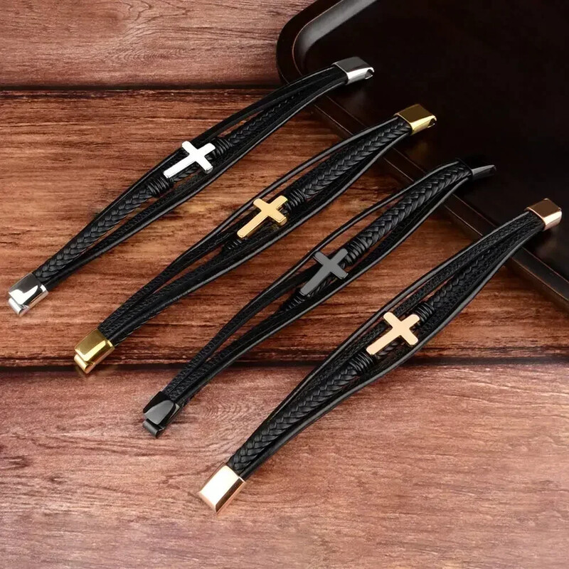 2024. gada jauna īstas ādas krusta rokassprādze vīriešiem, nerūsējošā tērauda magnēta aizdare, pinums, daudzslāņu Homme rokassprādzes vīriešu dāvanām