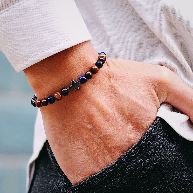 Minimalistička narukvica s muškim križem 6 mm narukvica s prirodnim tigrovim očima i kamenom Poklon za njega Pribor za kampiranje Bileklik Erkek Pulseira