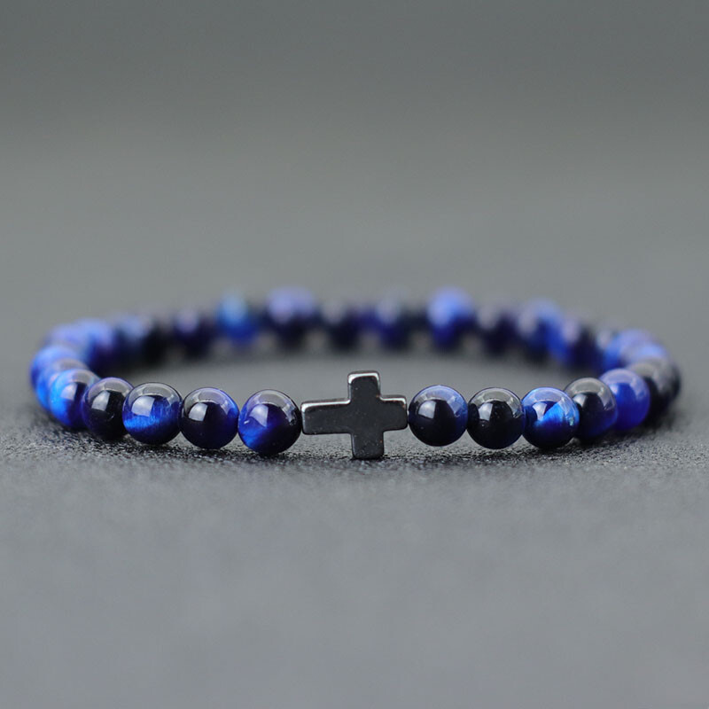 Minimalistička narukvica s muškim križem 6 mm narukvica s prirodnim tigrovim očima i kamenom Poklon za njega Pribor za kampiranje Bileklik Erkek Pulseira