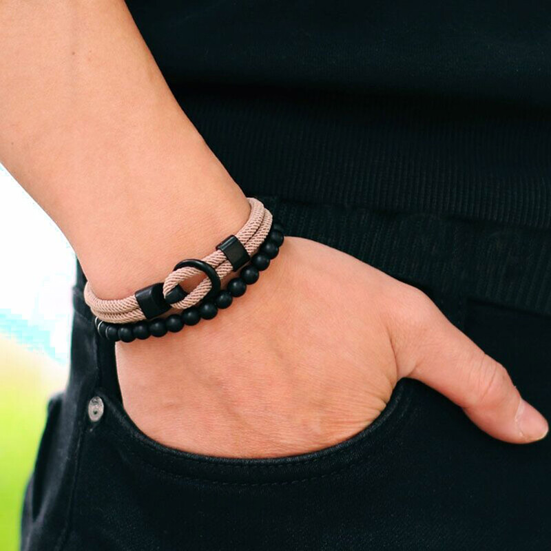 Noter New 2 buc/set Set brățări bărbați frânghie strat dublu brățară nautică 6 mm brățară din piatră de onix negru Accesorii pentru timp liber Pulseria