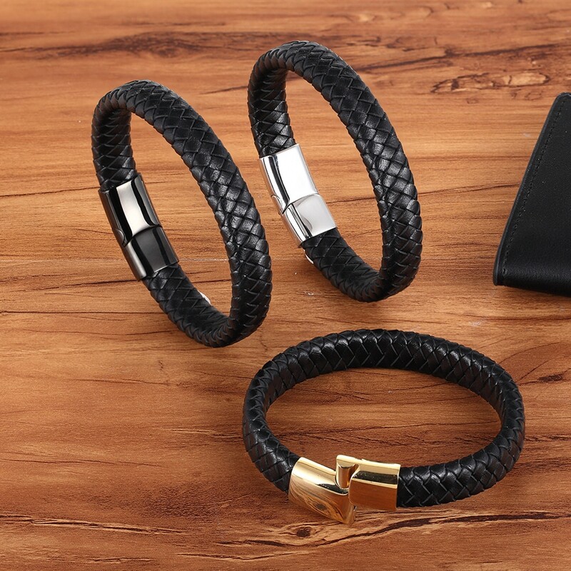 TYO Klasična magnetska kopča od nehrđajućeg čelika zlatne boje vrhunske kvalitete, smeđa tkana narukvica od prave kože, rođendanski darovi za muškarce i dječake