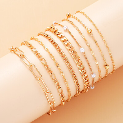 7gab/komplekts Bohēmijas rokassprādze sievietēm panku stila aukstas krāsas pērļu metāls daudzslāņu doba, savīta čūskas ķēde vienkāršas rotaslietas