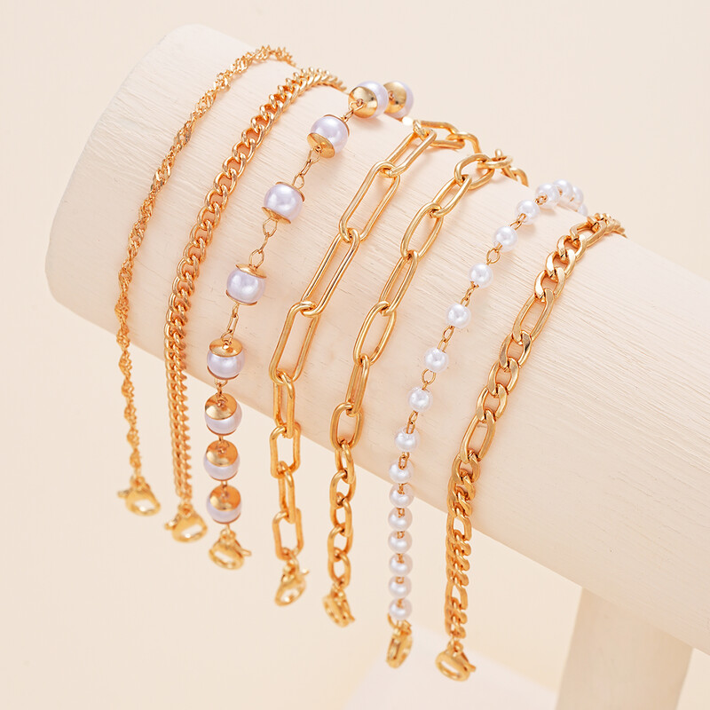 7gab/komplekts Bohēmijas rokassprādze sievietēm panku stila aukstas krāsas pērļu metāls daudzslāņu doba, savīta čūskas ķēde vienkāršas rotaslietas