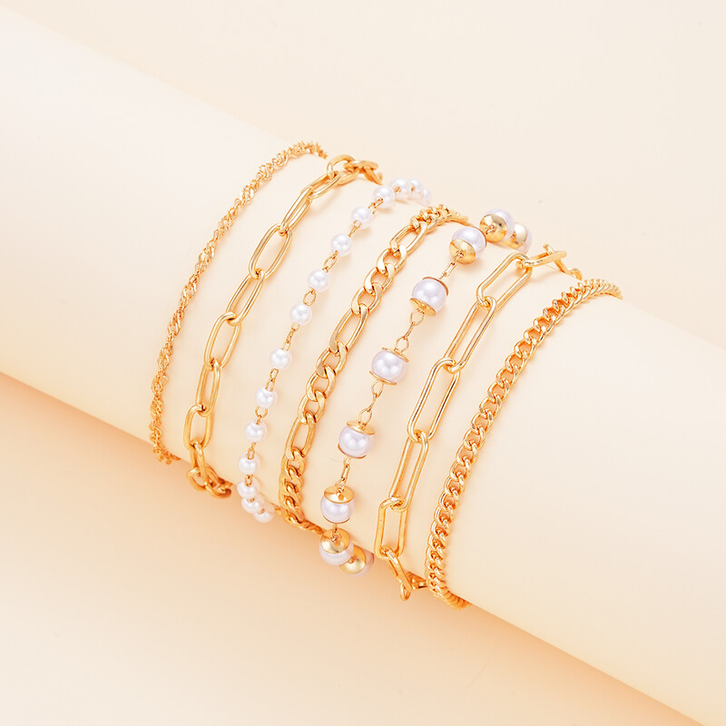 7gab/komplekts Bohēmijas rokassprādze sievietēm panku stila aukstas krāsas pērļu metāls daudzslāņu doba, savīta čūskas ķēde vienkāršas rotaslietas