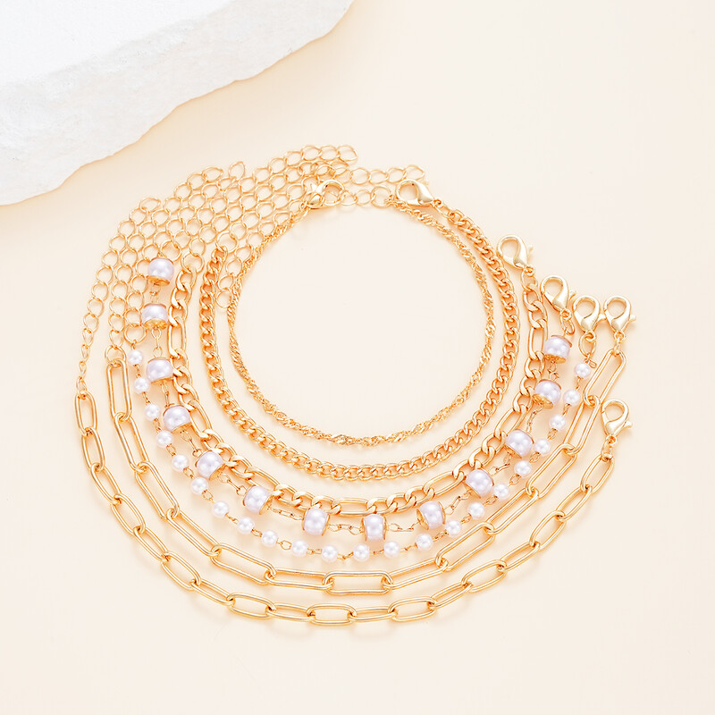 7gab/komplekts Bohēmijas rokassprādze sievietēm panku stila aukstas krāsas pērļu metāls daudzslāņu doba, savīta čūskas ķēde vienkāršas rotaslietas