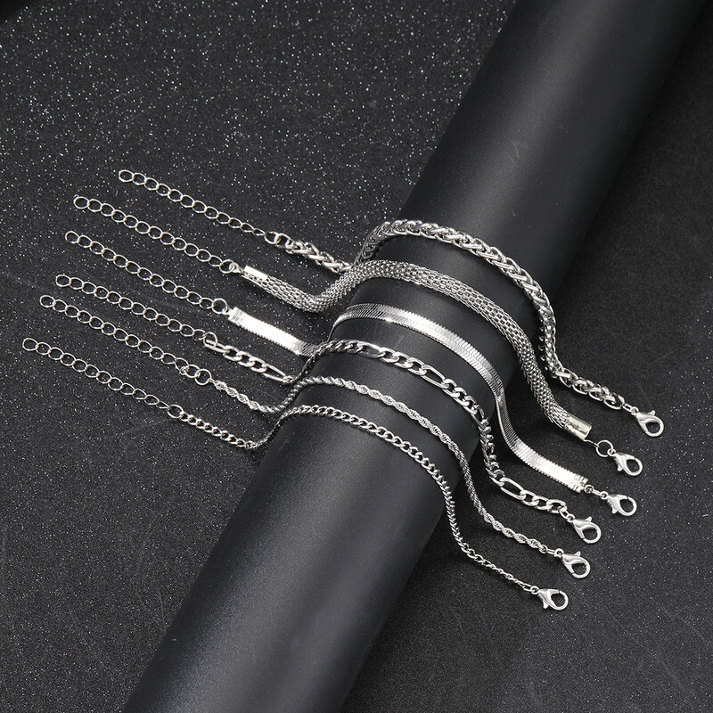 Set de 6 bucăți punk, simplu, metal răsucit, brățări cu lanț de culoare argintie, la modă nouă, pentru femei, îmbrăcăminte zilnică, bijuterii, cadouri de aniversare