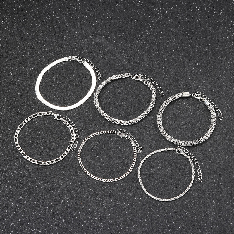 Set de 6 bucăți punk, simplu, metal răsucit, brățări cu lanț de culoare argintie, la modă nouă, pentru femei, îmbrăcăminte zilnică, bijuterii, cadouri de aniversare