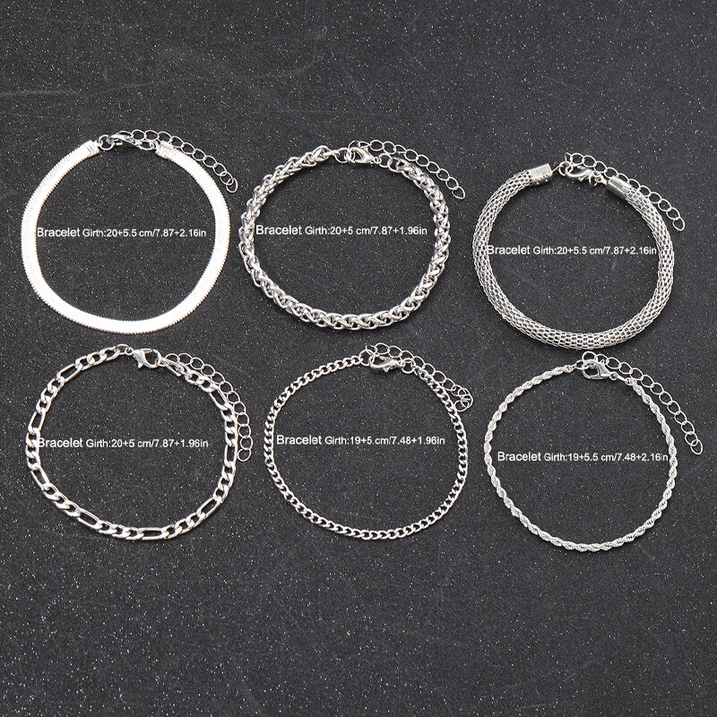 Set de 6 bucăți punk, simplu, metal răsucit, brățări cu lanț de culoare argintie, la modă nouă, pentru femei, îmbrăcăminte zilnică, bijuterii, cadouri de aniversare