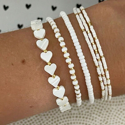 Set de 6 bucăți delicate de mărgele albe, inimă și coajă, lucrate manual cu mărgele, brățări elastice cu mai multe straturi pentru cadoul de Valentine B082