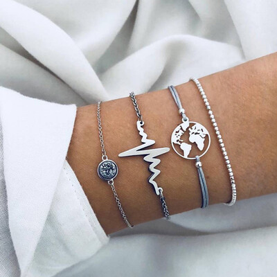 Модерен набор от гривни с пискюли с геометрична връзка на веригата за жени, сребърен цвят, листа, висулка, сърце, отворен маншет, гривна, бижута за момичета