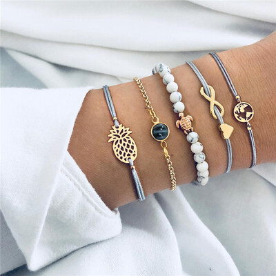 Модерен набор от гривни с пискюли с геометрична връзка на веригата за жени, сребърен цвят, листа, висулка, сърце, отворен маншет, гривна, бижута за момичета