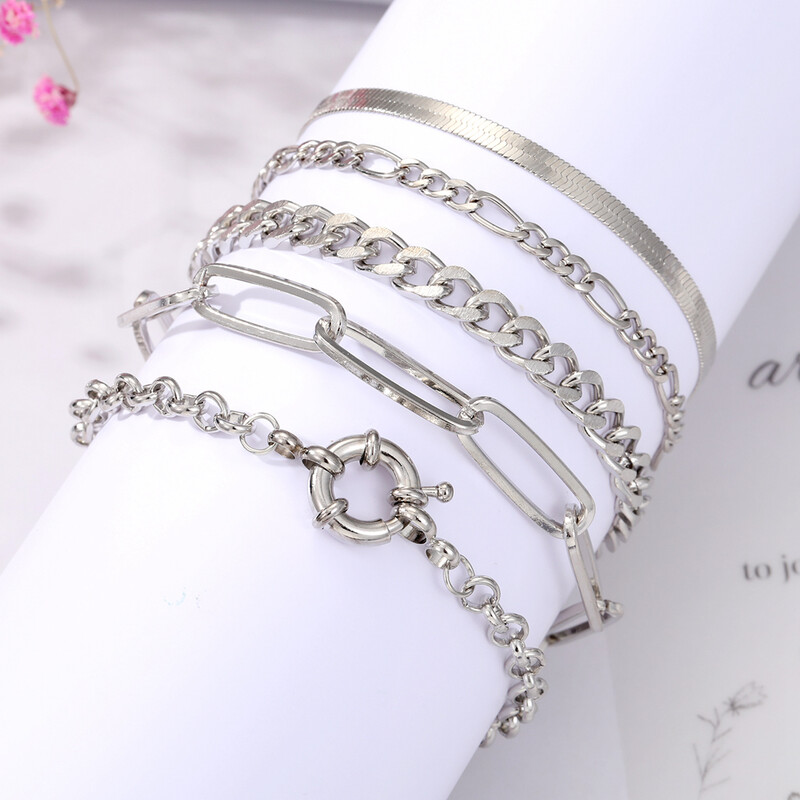 IPARAM Brățară cu farmec de culoare aurie de culoare argintie Brățări pentru femei Punk Curb Set de brățări cu lanț cubanez Boho Bijuterii de modă Cadouri