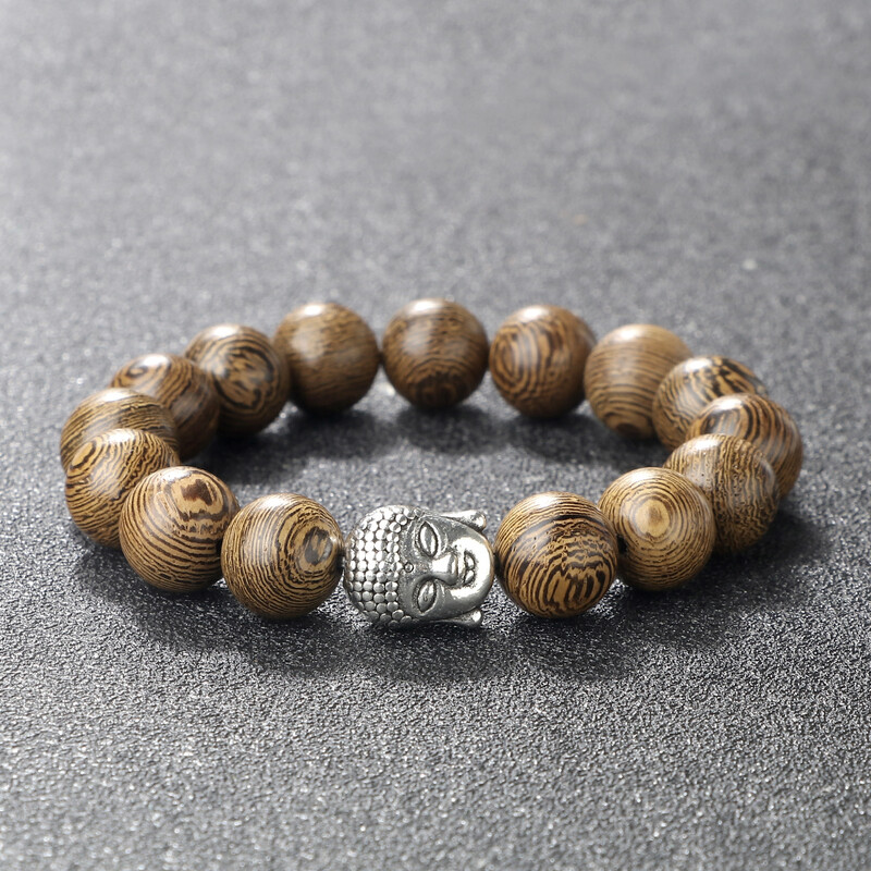 Epocă 8 10 12 mm Brățară din mărgele din lemn farmec cap de Buddha rugăciune brățări elastice bărbați brățări budiste femei yoga bijuterii încheietura mâinii