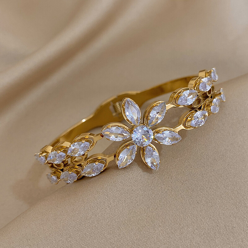 Brățară cu flori cu incrustație, alb, strălucitor, placat cu zircon, bijuterii manșete din oțel inoxidabil pentru femei, bijuterii de lux rezistente la apă