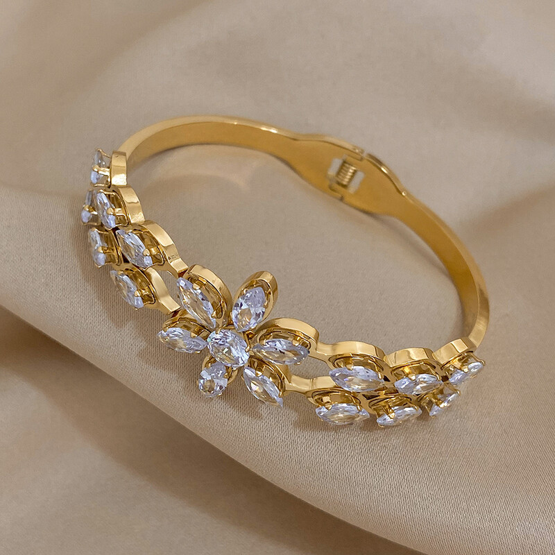 Brățară cu flori cu incrustație, alb, strălucitor, placat cu zircon, bijuterii manșete din oțel inoxidabil pentru femei, bijuterii de lux rezistente la apă