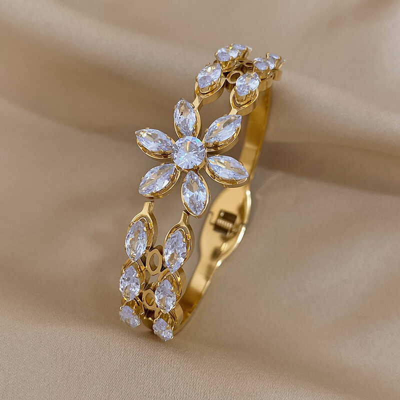 Brățară cu flori cu incrustație, alb, strălucitor, placat cu zircon, bijuterii manșete din oțel inoxidabil pentru femei, bijuterii de lux rezistente la apă