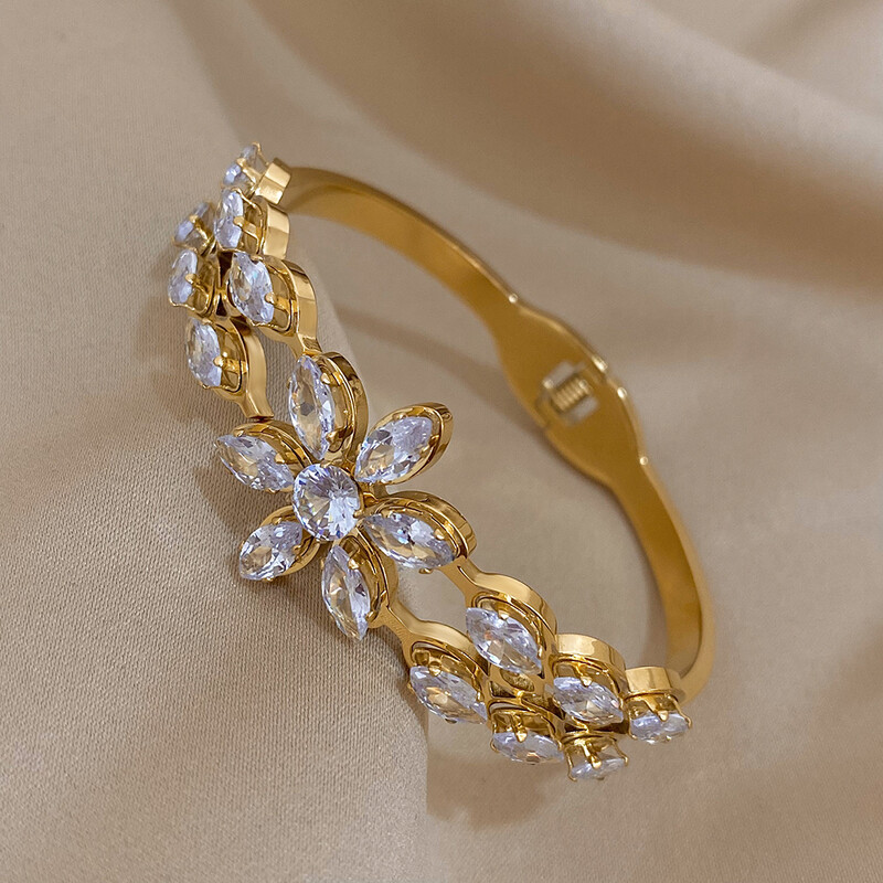 Brățară cu flori cu incrustație, alb, strălucitor, placat cu zircon, bijuterii manșete din oțel inoxidabil pentru femei, bijuterii de lux rezistente la apă