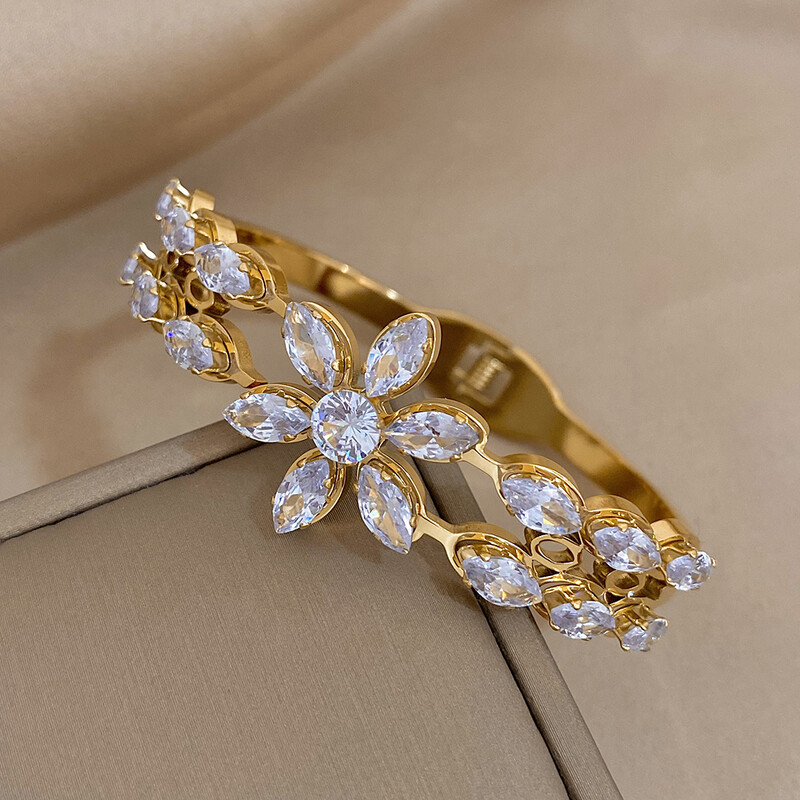 Brățară cu flori cu incrustație, alb, strălucitor, placat cu zircon, bijuterii manșete din oțel inoxidabil pentru femei, bijuterii de lux rezistente la apă