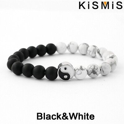 KISMIS 1Gb Jauna Distance Rokassprādze Klasisks Dabīgais Akmens Balts un Melns Yin Yang Pērlītēm Rokassprādzes Vīriešiem Sievietēm Labākā Drauga Dāvana