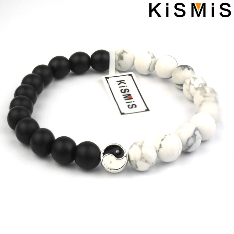 KISMIS 1Gb Jauna Distance Rokassprādze Klasisks Dabīgais Akmens Balts un Melns Yin Yang Pērlītēm Rokassprādzes Vīriešiem Sievietēm Labākā Drauga Dāvana