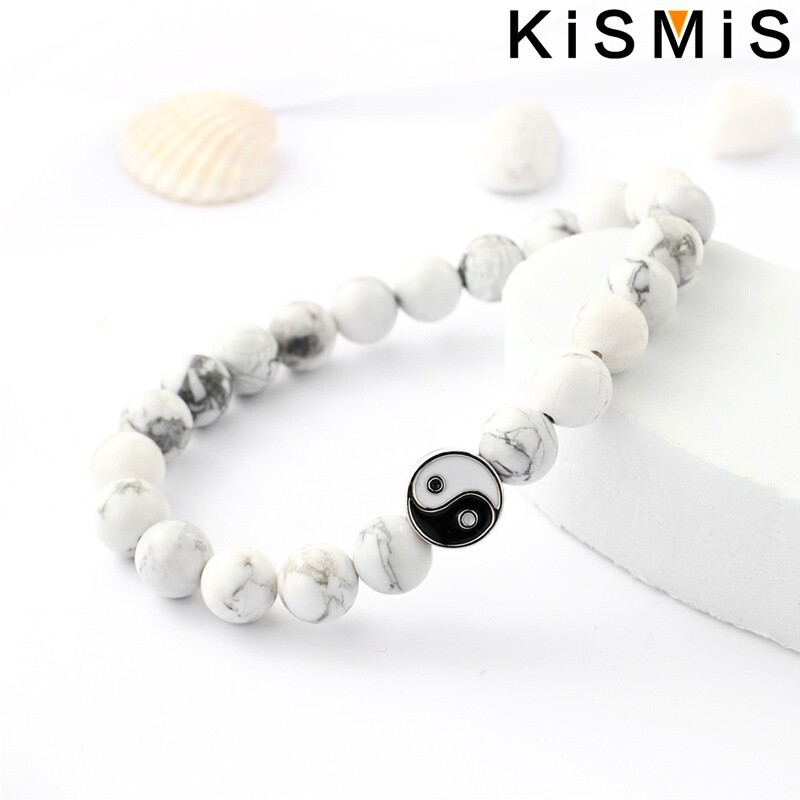 KISMIS 1Gb Jauna Distance Rokassprādze Klasisks Dabīgais Akmens Balts un Melns Yin Yang Pērlītēm Rokassprādzes Vīriešiem Sievietēm Labākā Drauga Dāvana