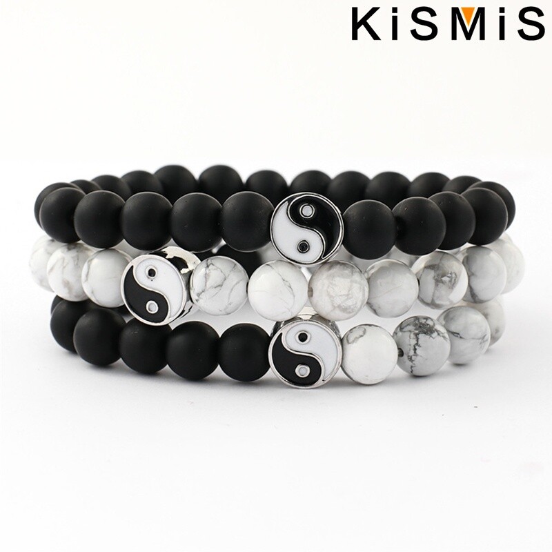 KISMIS 1Gb Jauna Distance Rokassprādze Klasisks Dabīgais Akmens Balts un Melns Yin Yang Pērlītēm Rokassprādzes Vīriešiem Sievietēm Labākā Drauga Dāvana