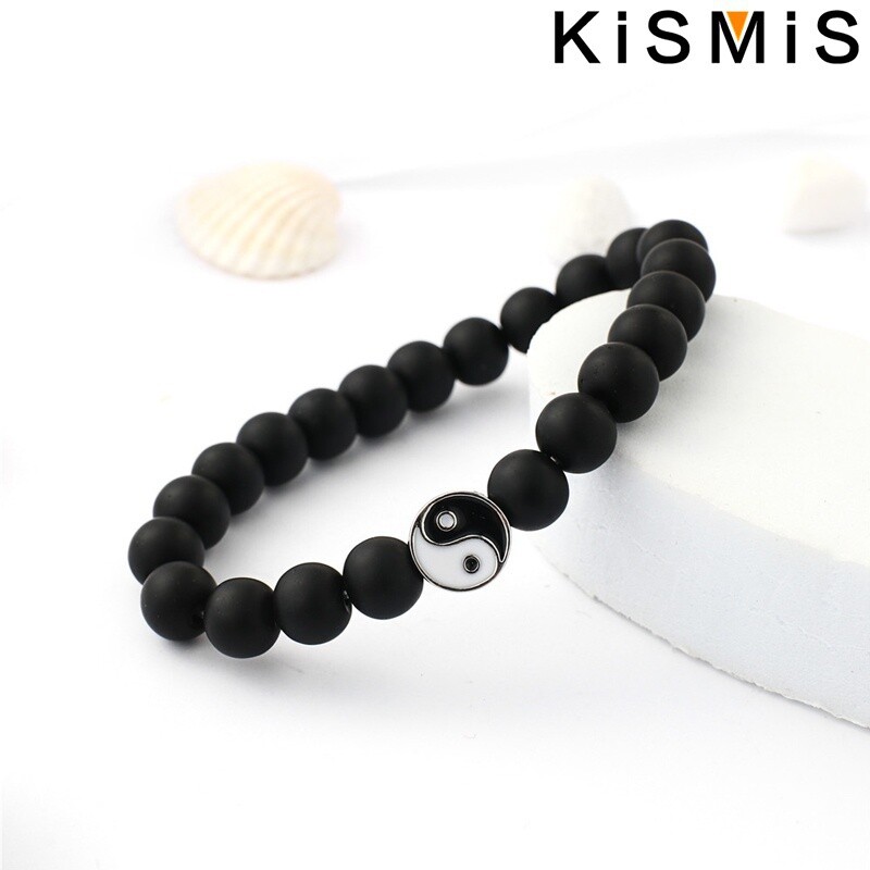 KISMIS 1Gb Jauna Distance Rokassprādze Klasisks Dabīgais Akmens Balts un Melns Yin Yang Pērlītēm Rokassprādzes Vīriešiem Sievietēm Labākā Drauga Dāvana