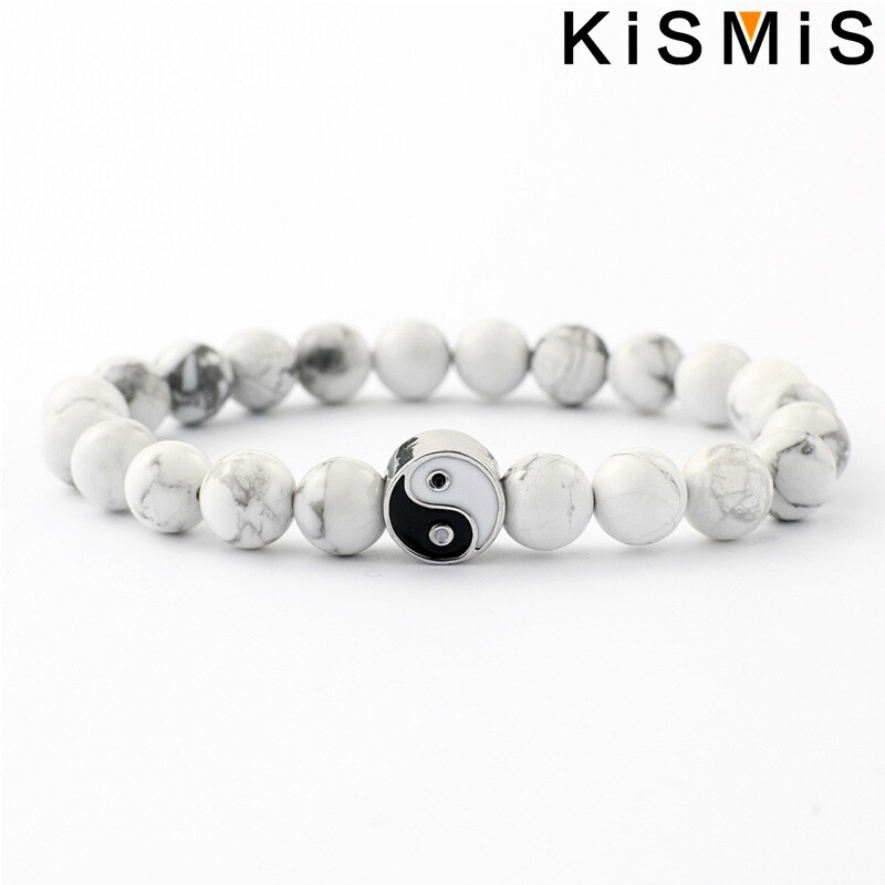 KISMIS 1Gb Jauna Distance Rokassprādze Klasisks Dabīgais Akmens Balts un Melns Yin Yang Pērlītēm Rokassprādzes Vīriešiem Sievietēm Labākā Drauga Dāvana