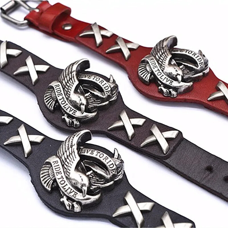 Punk din piele naturală Ride to live Eagle Brățări bărbați retro rock brățără lată manșetă femeie bijuterii motociclist bijuterii masculine cadouri motociclete