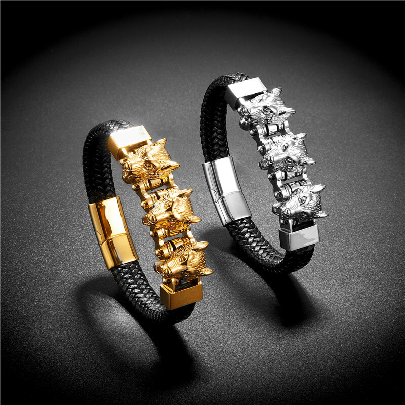 Reducere la modă Brățară din piele naturală bărbați trei brățări din oțel inoxidabil cu cap de lup Brățări pentru bărbați bijuterii masculine cadou