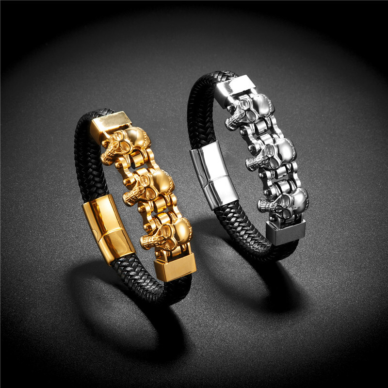 Reducere la modă Brățară din piele naturală bărbați trei brățări din oțel inoxidabil cu cap de lup Brățări pentru bărbați bijuterii masculine cadou